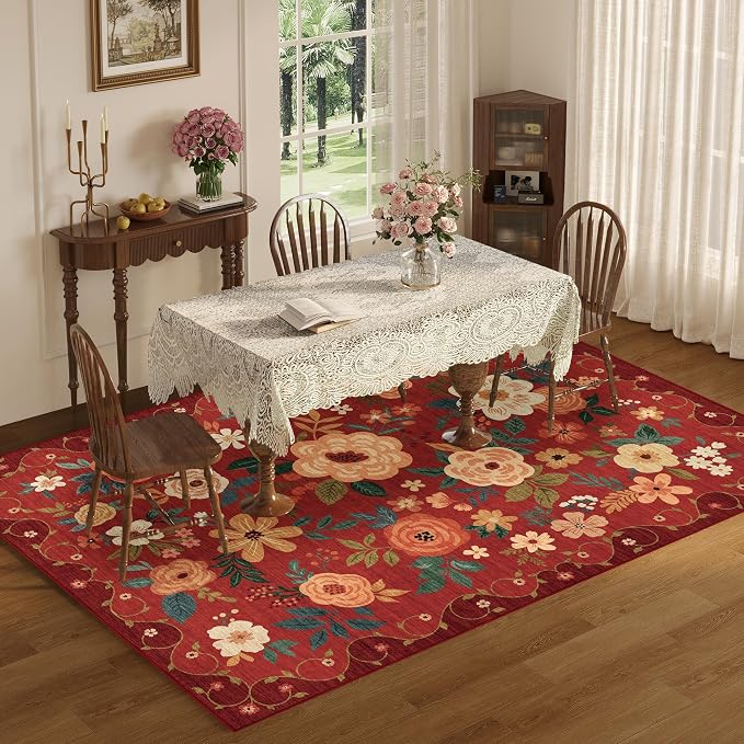 DUKINO 6x9 Area Rug, Floral Rugs for Living Room, Lightweight Non Slip Washable Rug, Indoor Low Pile & Non-Shedding Boho Design Rugs for Bedroom, Living Room, Dining Room, Red