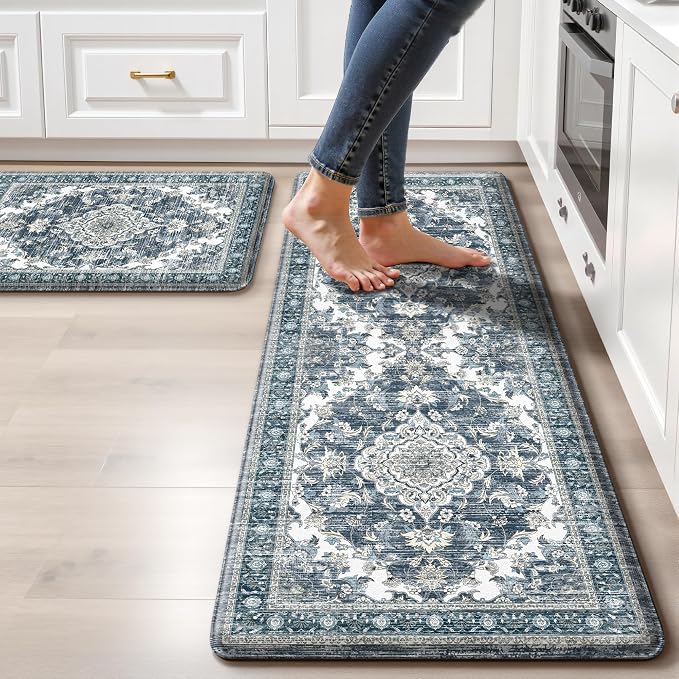 Boho Kitchen Mats for Floor 2 Piece Set Anti Fatigue Cushioned PVC Kitchen Rugs Non Slip Waterproof Farmhouse Mats 2/5 Inch Comfort Standing Mat for Sink, Laundry, 17.3"x59"+17.3"x28", Dark Blue