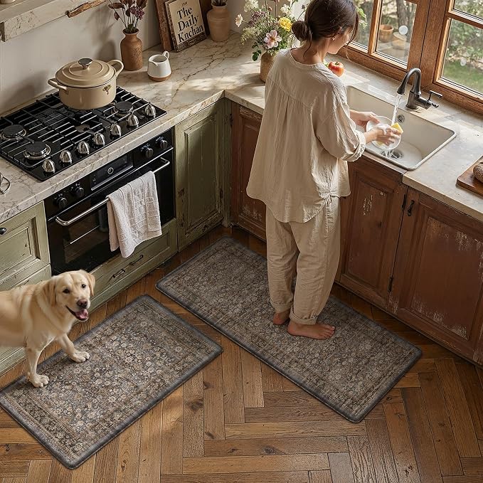 2-Piece Blue Brown Vintage Kitchen Mat Set | Washable, Anti Fatigue, Non Slip, Soft, Vintage, Floral, Distressed, Farmhouse, for Sink Entryway Bathroom Laundry