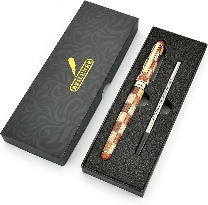 BEILUNER Luxury Wood Ballpoint Pen Writing Set, Chess Style - Elegant Fancy Nice Gift Pen Set for Signature Executive Business Office Supplies - Gift Boxed with Extra Refills (Black)