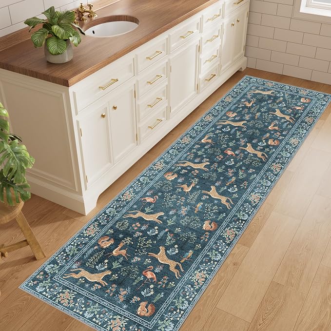 DUKINO 2x6 Rug for Hallway, Washable Kitchen Runner Rug with Non Slip Backing, Soft Low Pile Vintage Animal Runner for Bedroom, Kitchen, Hallway, Entryway, Laundry, Blue