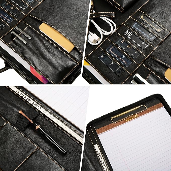 Oil Wax Leather Portfolio, Padfolio Organizer with Handle, Personalized Padfolio，Padfolio with Zipper for Men Women，Suitable for 15-inch Laptop Legal Pad Padfolio, Black
