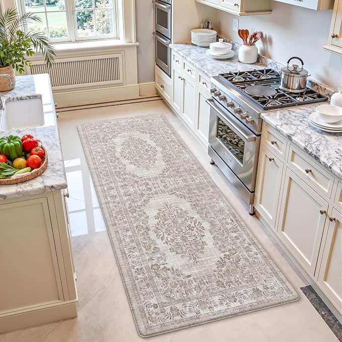 Color&Geometry Kitchen Floor Mat 24x59 Faded Vintage Anti Fatigue, Khaki | 0.4in Cushion Standing Mat For Cooking/Working/Laundry, Boho Decor, Non Slip PVC Kitchen Rug, Oil/Water Proof, Anti Slip