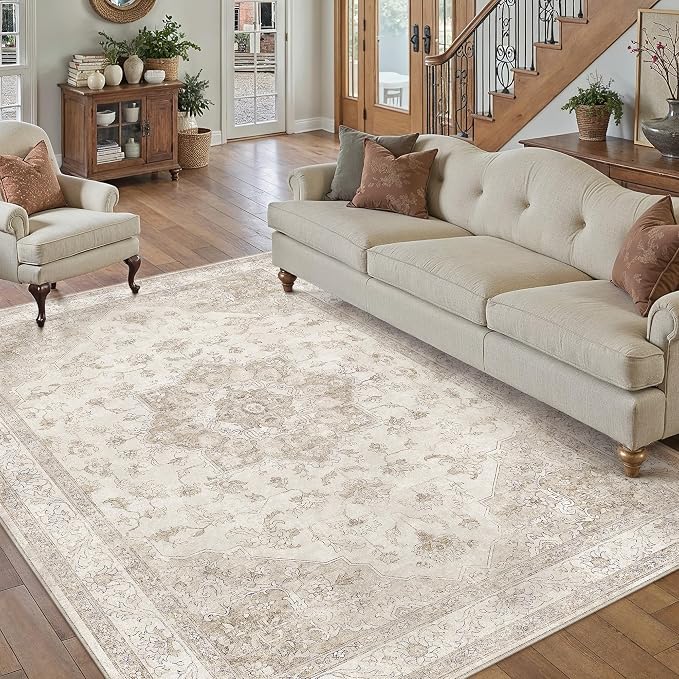 PureCozy Beige Area Rug 4x5 Washable Vintage Carpet Entryway Office Soft Retro Kitchen Low Pile Thin Door Mat Non Slip Oriental Medallion Throw Small Rug for Bathroom Bedroom Dining Living Room