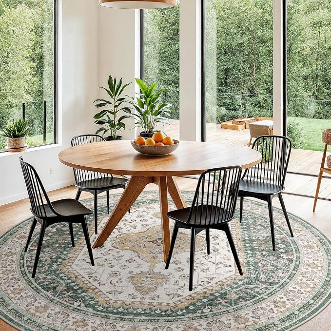 Puino 9FT Round Area Rugs for Living Room: Circle Rugs Machine Washable Oriental Low Pile Soft Non Slip Backing Vintage Indoor Rug for Bedroom Nursery Dining Room Home Office Green/Beige