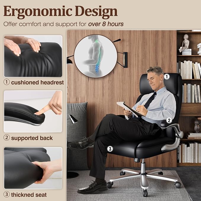 Executive Office Chair, Ergonomic Desk Chair, 500lbs Heavy Duty Comfy Computer Chair with Adjustable Lumbar Support, Flip-up Arms, Wide Thick Seat, High Back Office Chair for Back Pain
