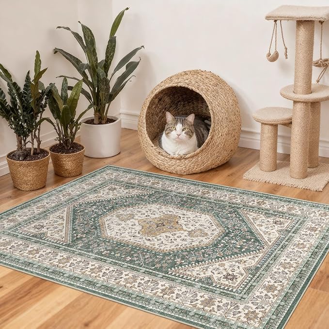 Washable 3x5 Area Rug for Entryway - Bedroom Rugs with Non Slip Rubber Backing for Kitchen Bathroom Indoor Soft Stain Resistant Carpet Rug for Pet Feeding Area and Distressed Floor Decor Green/Beige