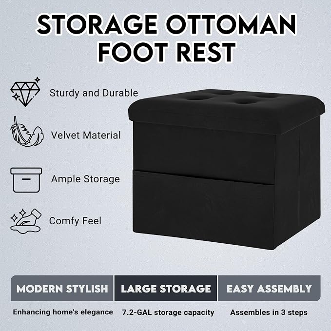 Zoes Homeware Small Storage Ottoman Foot Rest, Velvet Ottoman with Storage and Side Pocket, Black Foot Rest for Couch, Foldable Footstool for Chair, Living Room&Dorm, 16"x12"x12"
