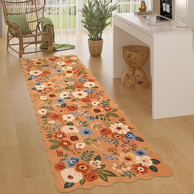 DUKINO 2x6 Runner Rug for Hallway, Washable Kitchen Rug with Non Slip Backing & Non-Shediing, Soft Low Pile Floral Design Runner for Bedroom, Kithchen, Living Room, Laundry, Bathroom, Orange