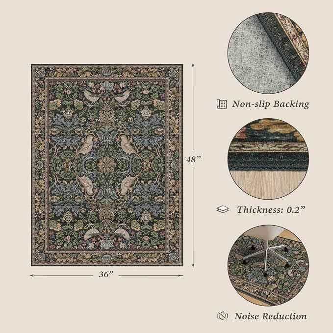 3x4 Green Office Chair Mat for Hard Wood & Tile Floor, Boho Low Pile Carpet Floor Protector for Rolling Chair with Bird & Botanical Pattern, Machine Washable Under Desk Rug, Non Slip Rubber Backing