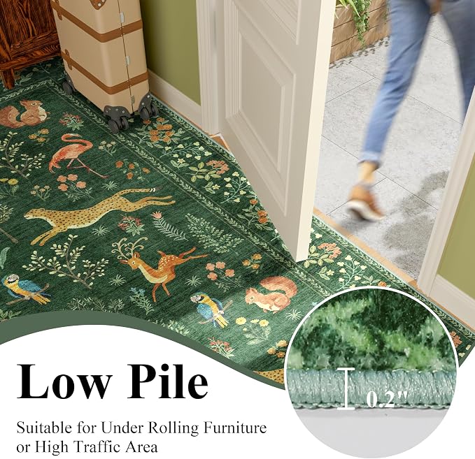 DUKINO 4ft Round Rug, Washable Round Area Rug, Non Slip Indoor Low Pile Animal Design, Soft Small Vintage Circle Carpet for Bedroom, Entryway, Living Room, Dining Room, Green