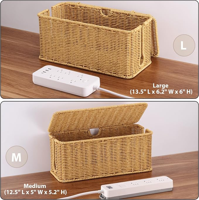 2Pack Large Cable Management Box, Handwoven Imitation Rattan Cord Organizer | Handwoven imitation rattan cord hider box conceals power strips and cables for a clean desk or floor setup