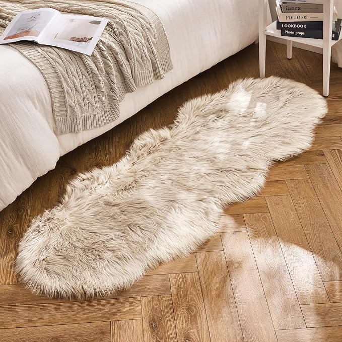 MIULEE Luxury Super Soft Fluffy Area Rug Faux Fur Sheepskin Rug Decorative Plush Shaggy Carpet for Bedside Sofa Floor 2 x 6 Feet, Beige