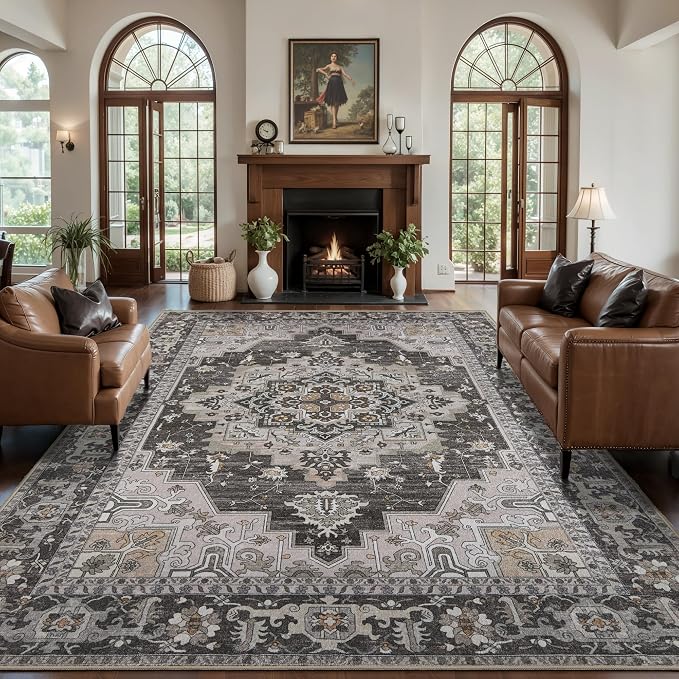 Tangsoo 6x9 Washable Area Rugs for Living Room, Vintage Indoor Non Slip Large Area Rugs, Oriental Print Carpet, Soft Boho Low Pile Rug Foldable Floor Rug for Bedroom Dining Room Home Decor Grey/Taupe