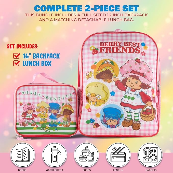 AI ACCESSORY INNOVATIONS Strawberry Shortcake 2 Piece Backpack Set for Girls, 16 Inch Berry Besties School Bag with Adjustable Padded Straps, Pink Gingham Pattern