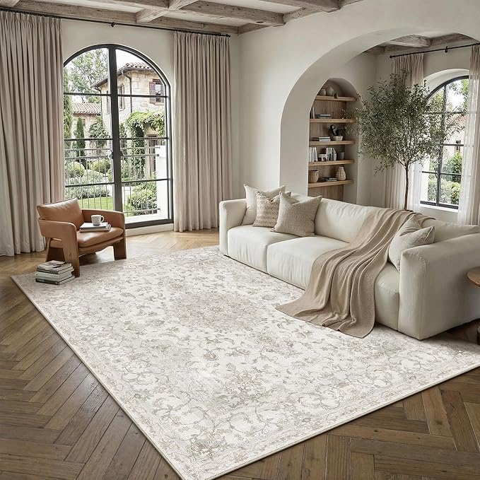 HUGEAR Area Rug 8x10 Vintage Beige Machine Washable Living Room Rugs Thin Neutral Floral Vacuumable Low Pile Carpet Bedroom Office Dining Room Laundry Room Non Slip Soft Lightweight