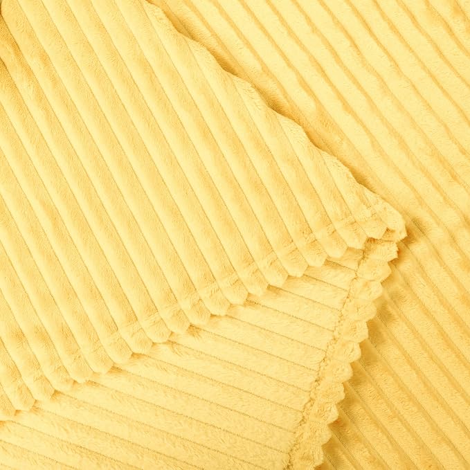 Vessia Flannel Throw Blanket with Pillow Cover for Couch,Sofa,Bed, 300GSM Striped Light Yellow Blanket for Adults, Super Soft Warm Cozy Ribbed Pale Yellow Throw for All-Season(50x71 inch)