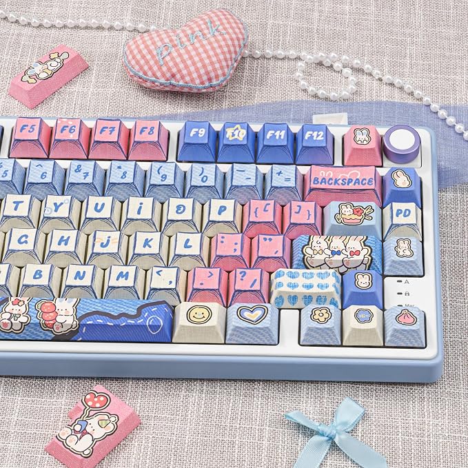 Manga Themed Keycaps 134 Key PBT Keycap Set Cherry Profile Dye-Sublimation Cute Keycaps with Denim Bunny Design for 61/87/104/108/84/64/98/96 Mechanical Keyboard