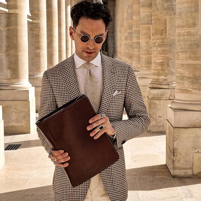 Time Resistance Leather Portfolio - A4 Document Folder - Italian Handcrafted Padfolio Organizer (Brown) - Gift Box Included