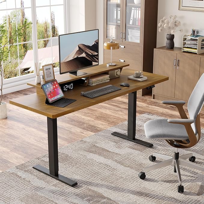 55 x 24 Inches Electric Standing Up Desk with Monitor Shelves,Height Adjustable Computer Desk from 28-46''with Memory Controller,Modern Home Office Desk for Work,Study,Oak Brown