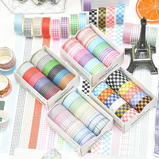 12 Rolls Grid Washi Tape Set Plaid Arts Adhesive Tapes Basic Patterns Decorative Masking Tape Sets for Craft, Kids, Scrapbook, DIY, Gift Wrapping (Style One)