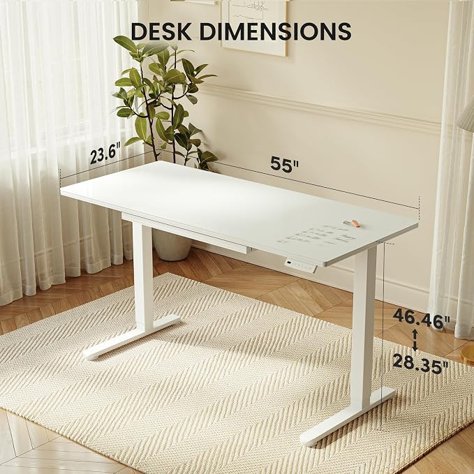 CubiCubi 55x24 Standing Desk with Glass Top, Height Adjustable Computer Desk with Drawer, One-piece Rising Home Office Desks with Positon Memory, Sit Stand Up Electric Workstation Table, White