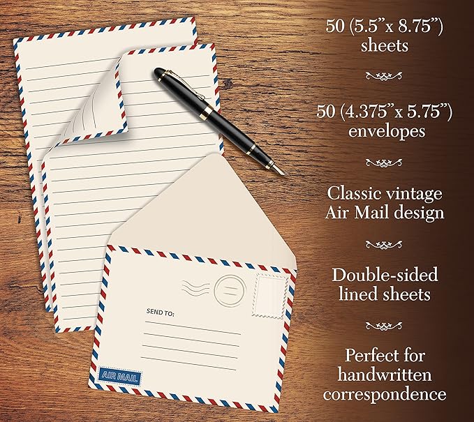 Better Office Products Vintage Airmail Mini Stationery Set, 100 Piece Set (50 Lined Sheets + 50 Matching Envelopes), 5.5 x 8.25 inch, Design, Double Sided Printing, Double Side Lined Paper,