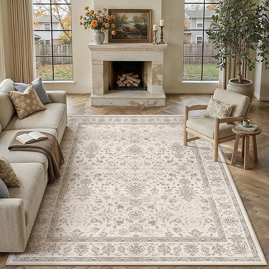 PureCozy 9x12 Area Rug Beige Washable Vintage Carpet Living Room Bedroom Large Non Slip Stain Soft Resistant Low Pile Thin Boho Accent Indoor Throw Rug for Dining Room Office