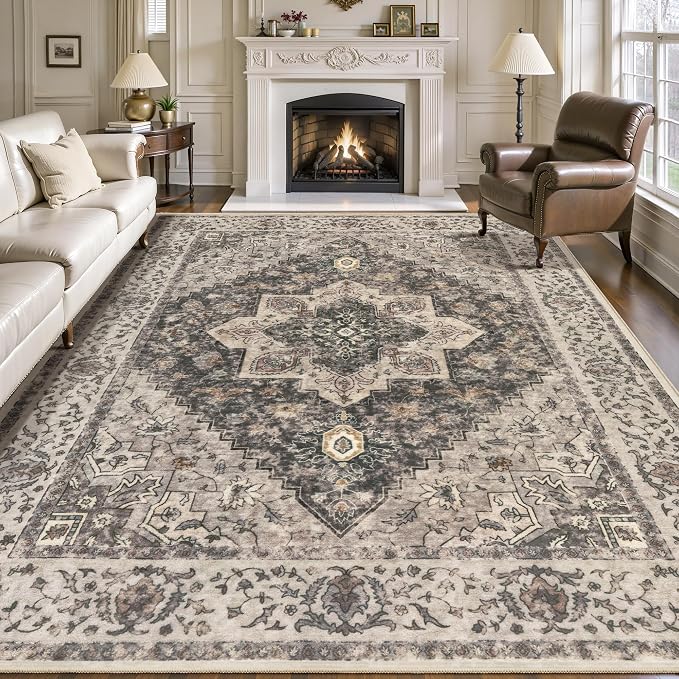 Tangsoo 8x10 Area Rugs for Living Room, Farmhouse Washable Rug Vintage Indoor Non Slip Large Area Rugs, Print Distressed Grey Carpet, Soft Low Pile Foldable Floor for Bedroom Dining Room Dorm Office