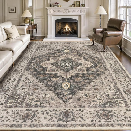 Tangsoo 8x10 Area Rugs for Living Room, Farmhouse Washable Rug Vintage Indoor Non Slip Large Area Rugs, Print Distressed Grey Carpet, Soft Low Pile Foldable Floor for Bedroom Dining Room Dorm Office