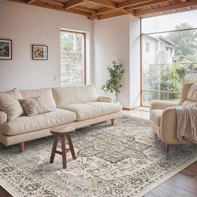 RUUGME Washable 6x9 Area Rug - Vintage Rugs with Non Slip Backing Stain Resistant Carpet for Living Room Bedroom Indoor Ultra-Soft Low Pile Home Decor Mat for Nursery 6x9 Ivory