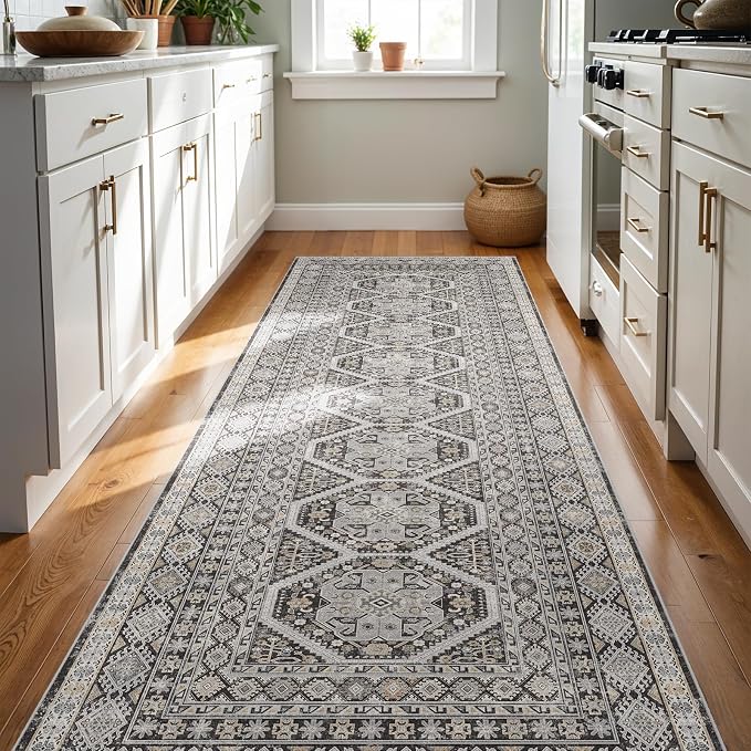 3x8 Runner Rug Kitchen Washable: Oriental Indoor Hallway Runners with Non Slip Backing Floor Mat for Entryway Door Low Pile Thin Carpet for Bedroom Bathroom Living Room Bedside Black
