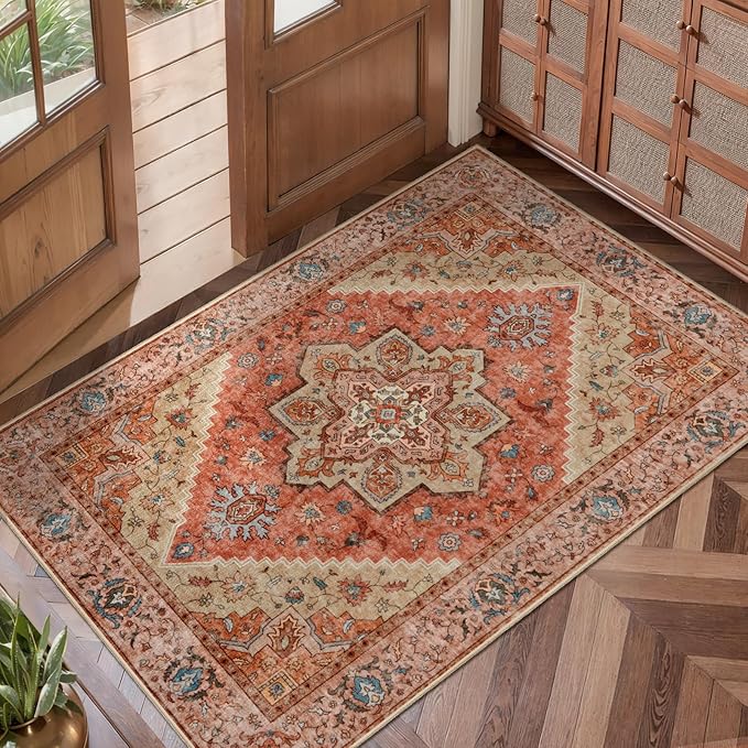 Tangsoo Vintage 2x3 Washable Rug for Entryway, Non Slip Small Indoor Front Door Rug, Print Distressed Door Mat Carpet, Soft Low Pile Rugs for Entrance Kitchen Bedroom Bathroom