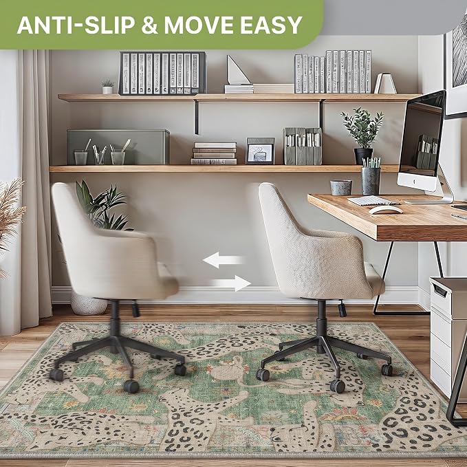 36"x60" Office Chair Mat for Hardwood Tile Floor, Under Desk Carpet Protector for Rolling Computer Chair Mat, Machine Washable Area Rug, Anti-Slip 1/5" Thick Low Pile Thin Floor Mat, Leopards Sage