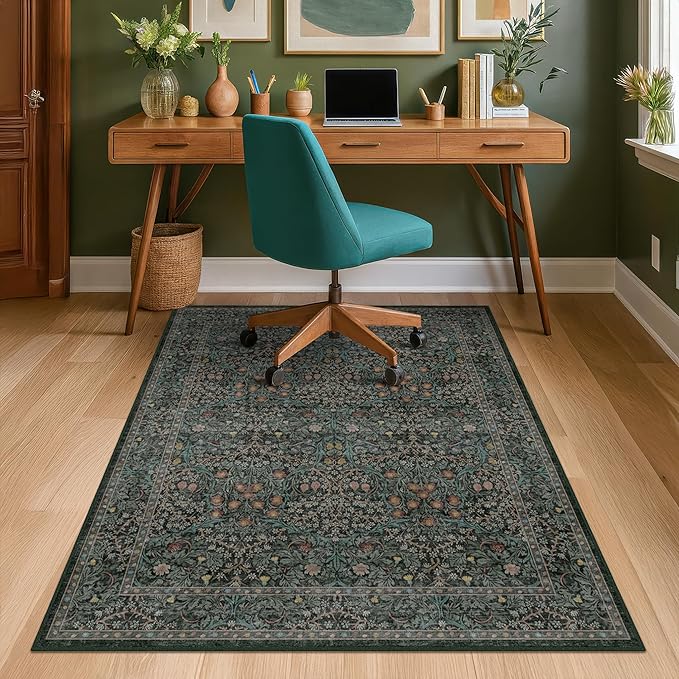 Vintage Floral Dark Green Office Chair Mat for Hardwood & Tile Floor, 3x4 Non-Slip Ultra Soft Low Pile Under Desk Rug, Floor Protector for Heavy Duty Office Chair, Stain Resistant, Easy to Clean