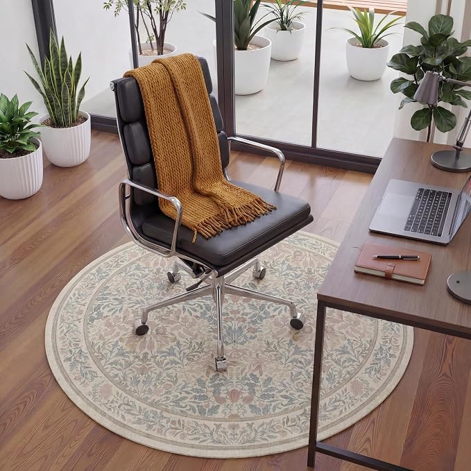 Office Chair Mat for Hardwood Tile Floor, Under Desk Carpet Protector for Rolling Computer Chair Mat, Round Washable Rugs 5ft Circle Area Rug, Anti-Slip 1/5" Thick Low Pile Thin Floor Mat, Beige Pink