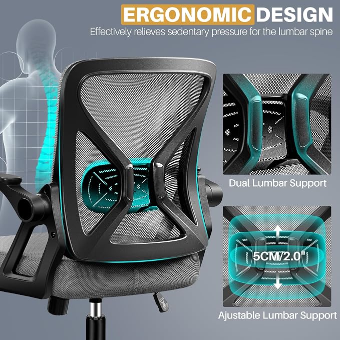 FelixKing Office Chair - Ergonomic Desk Chair Breathable Mesh Task with Wheels and Lumbar Support Home Desk Office Chairs with Flip up Armrest Rolling Swivel for Home Computer Dark Gray