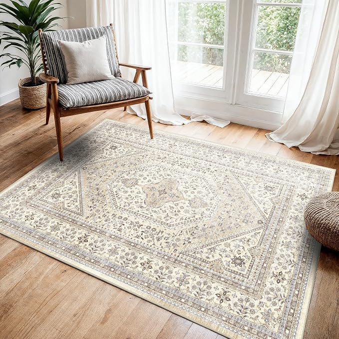 Washable 3x4 Area Rug for Entryway - Bedroom Rugs with Non Slip Rubber Backing for Kitchen Bathroom Indoor Soft Stain Resistant Carpet Rug for Pet Feeding Area and Distressed Floor Decor Beige/Gray