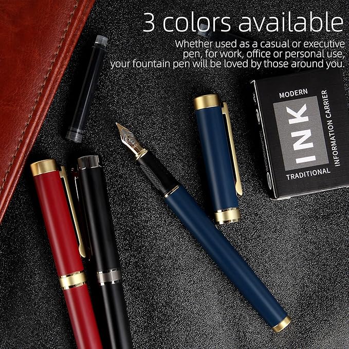 Fountain pen, Stunning luxury pen, Nice pen gift, pure copper heavy feel Office Executive Pen Smooth Writing Pens for Men Funcy Pens with Gift Case 10 black cartridges (Red)