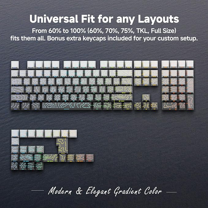 133 Aesthetic Topographic PBT Keycaps, No Tearing, Never Fade & Non-Slip, Modern RGB Backlit Gray-to-Black Gradient Keycaps for Mechanical Keyboard - Ergonomic (Doubleshot, Fit for All MX Layout)