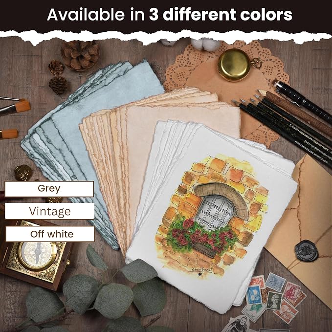 LEATHER VILLAGE Watercolor Paper - 7 X 5 inches, 50 Sheets - Mixed Media Watercolor Paper - 150 GSM Thick Deckle Edge Virgin Cotton Handmade Paper - Vintage Toned