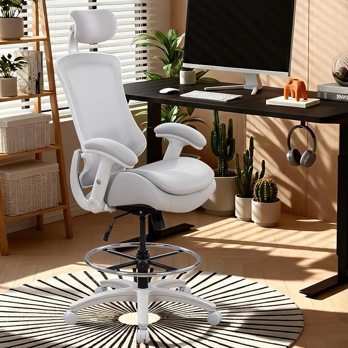BOLISS Ergonomic Drafting Chair High Back for Standing Desk-Grey | Tall Office Chair Double-Layer Seat Cushion, Adjustable Headrest & Lumbar Support, Flip-Up & Height Adjustable Arms