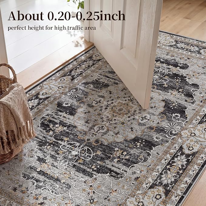 3x14 Runner Rug for Hallway Washable: Non Slip Kitchen Rugs with Rubber Backing Soft Waterproof Mats Stain Resistant Indoor Vintage Carpet Runner for Bedroom Bathroom Laundry Entryway Black/Gray