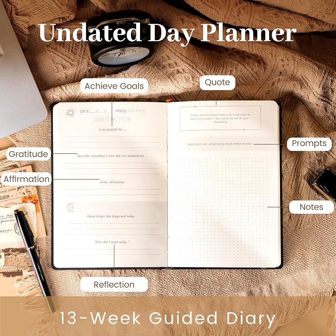 Yoment Gratitude Journal for Men 13-Week Guided Productivity 5 Minute Daily Journal with Prompts for Mindfulness, Mental Health & Productivity - Guided Self Care Gift, Black