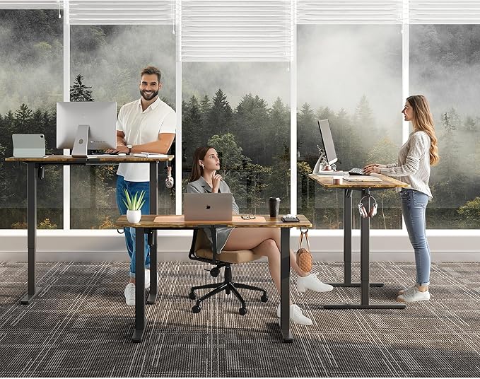 Large Electric Standing Desk,55x24 Inches Adjustable Height Stand up Desk, Sit Stand Home Office Desk, 3 Preset Heights,Equipped with Hooks,Ergonomic Computer Desk Workstation，Brown
