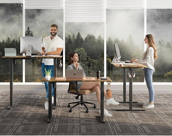 40 x 24 Inch Height Adjustable Standing Desk, 3 Presets, Brown | 40 x 24 in Desktop, 28.3–46.5 in Height, 2+3 Controls, ≤45 dB, 154 lb Capacity, 2 Hooks