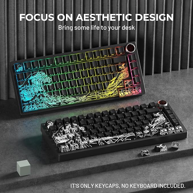 HITIME x XVX Kanagawa Keycaps 60 75 100 Percent - Shine Through Keycaps w/IMD Tech, for Mechanical Keyboards, Full 118 Key Set, OEM Profile, Lines Backlit, Side Printed - Black