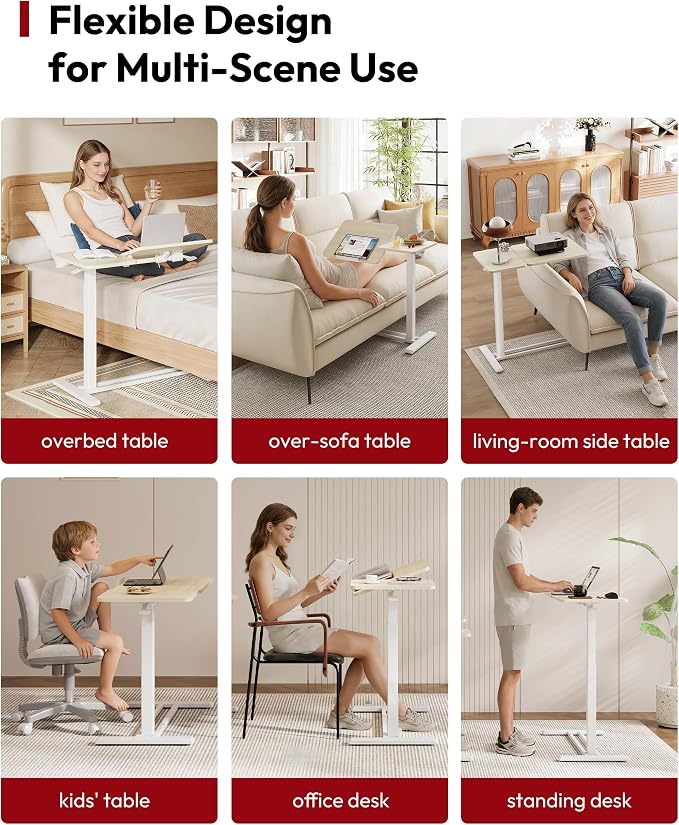 SANODESK 32''Overbed Table Gas Spring Lifting with Wheels&Tilting Desktop | Rolling Mobile Laptop Desk End Table,Portable Computer Workstation for Home Office,Sofa,Bedside,31.5" W x 17.7" D,Wood Grain