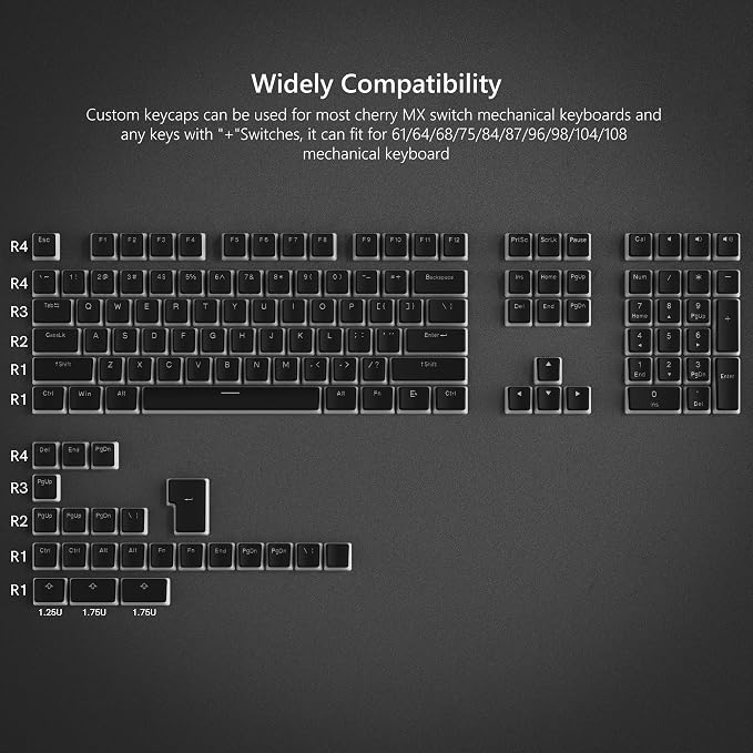Womier Pudding Keycaps, Black PBT Keycaps 60 65 75 100 Percent 130 Keys, Shine Through Key Cap, OEM Profile for MX-stem Switches Keyboard Caps-Black