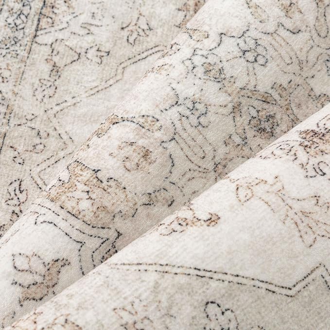 PureCozy Beige Area Rug 5x7 Washable Vintage Carpet for Living Room Office Soft Retro Low Pile Thin Indoor Rug Non Slip Oriental Medallion Floor Cover for Bedroom Dining Room